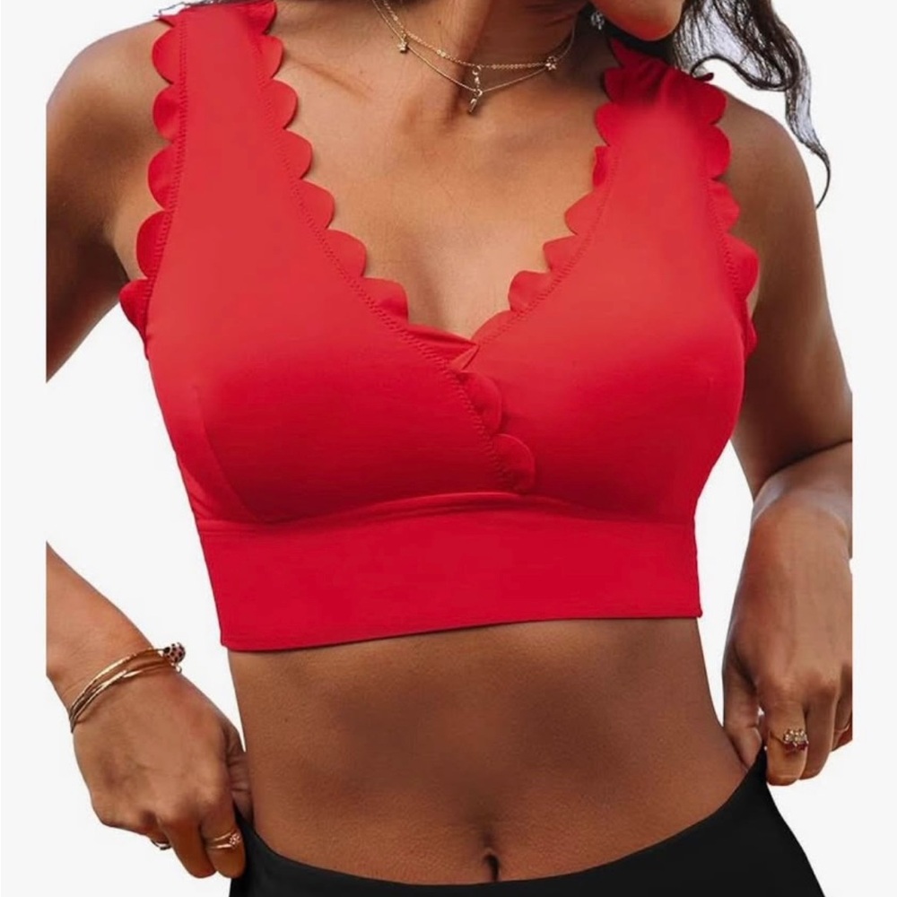 Red Scalloped Swim Bikini Top